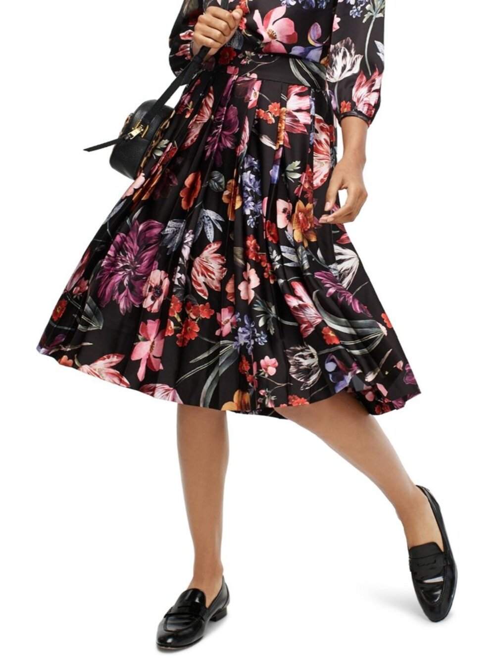 NWT J.Crew Pleated A-Line Midi in Black Midnight Dutch Floral Skirt 00 $128